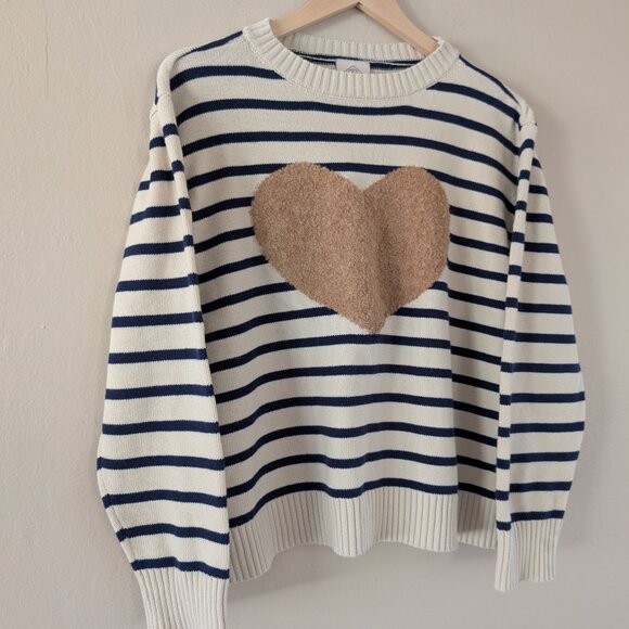 St. John's Bay Navy White Stripe Sweater Brown Boucle Heart Cottagecore Size PXL - Picture 2 of 13